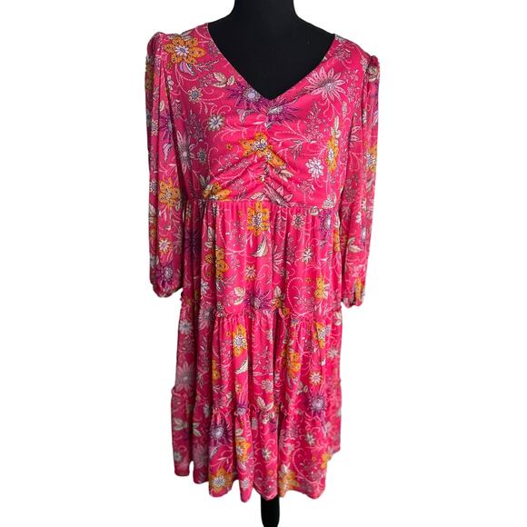 QVC Susan Graver Petite Printed Mesh V-Neck 3/4 Sleeve Tiered Dress NWOT Size MP - Picture 2 of 9
